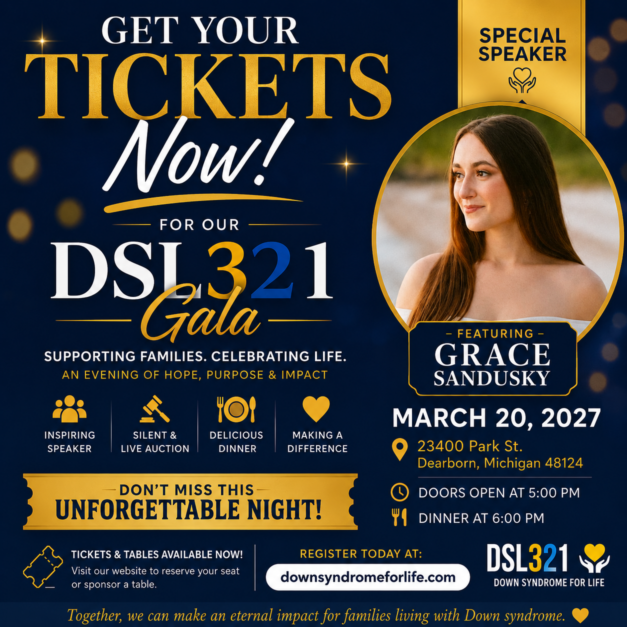 DSL 321 Gala flyer β March 20, 2027 in Dearborn supporting the life of Down syndrome